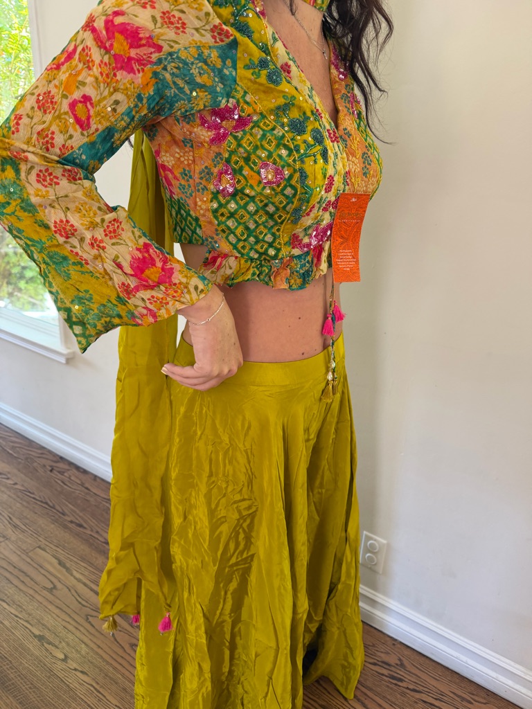 Floral Printed Crop Blouse With Lime Green Lehenga
